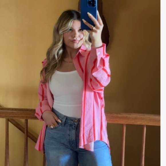 Pink Striped Oversized Button Down Shirt Long Sleeve - Picture 13 of 14